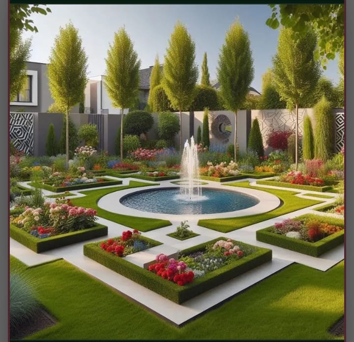تصميم حديقة فاخره مع نافورة مركزيةواحواض