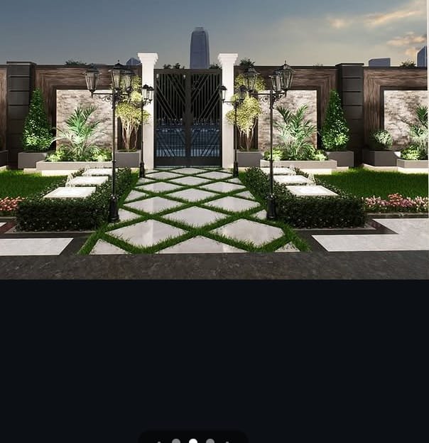 تنسيق حدائق جدة - تصميم ممر حديقة رخام مع عشب طبيعي وإنارة كلاسيك